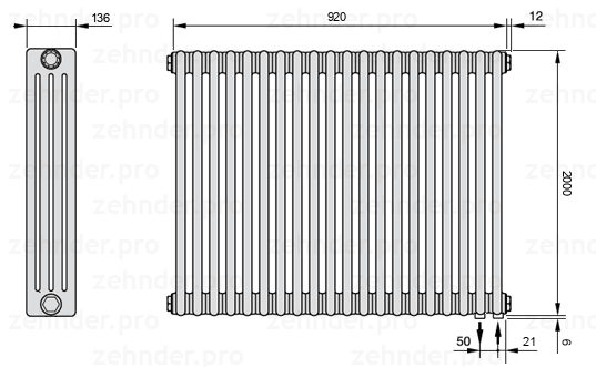 Схема (чертеж) Радиатор Zehnder Charleston 4200/20 №5510 Белый глянцевый RAL 9016